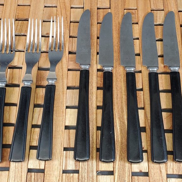 Vintage Bakelite-Handled Flatware Set – Elegant MCM Stainless Steel Black Handle - Picture 9 of 14